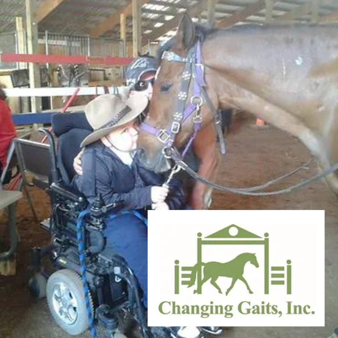 Child in wheelchair kissing horse with Changing Gaits logo